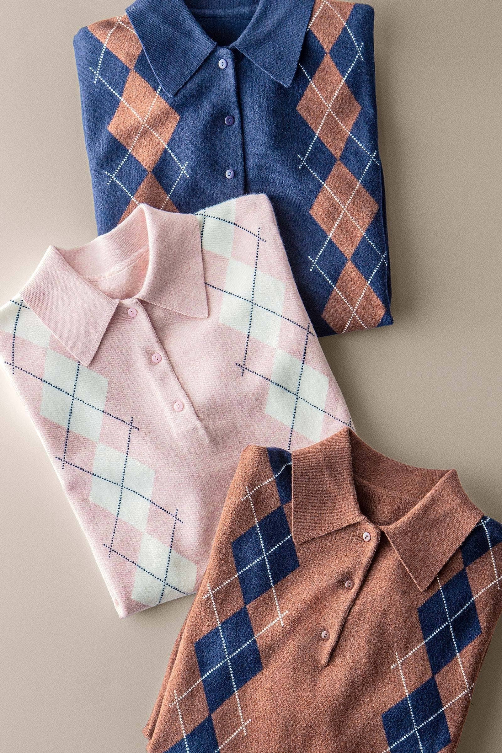 Classic Argyle Knit Polo Sweater