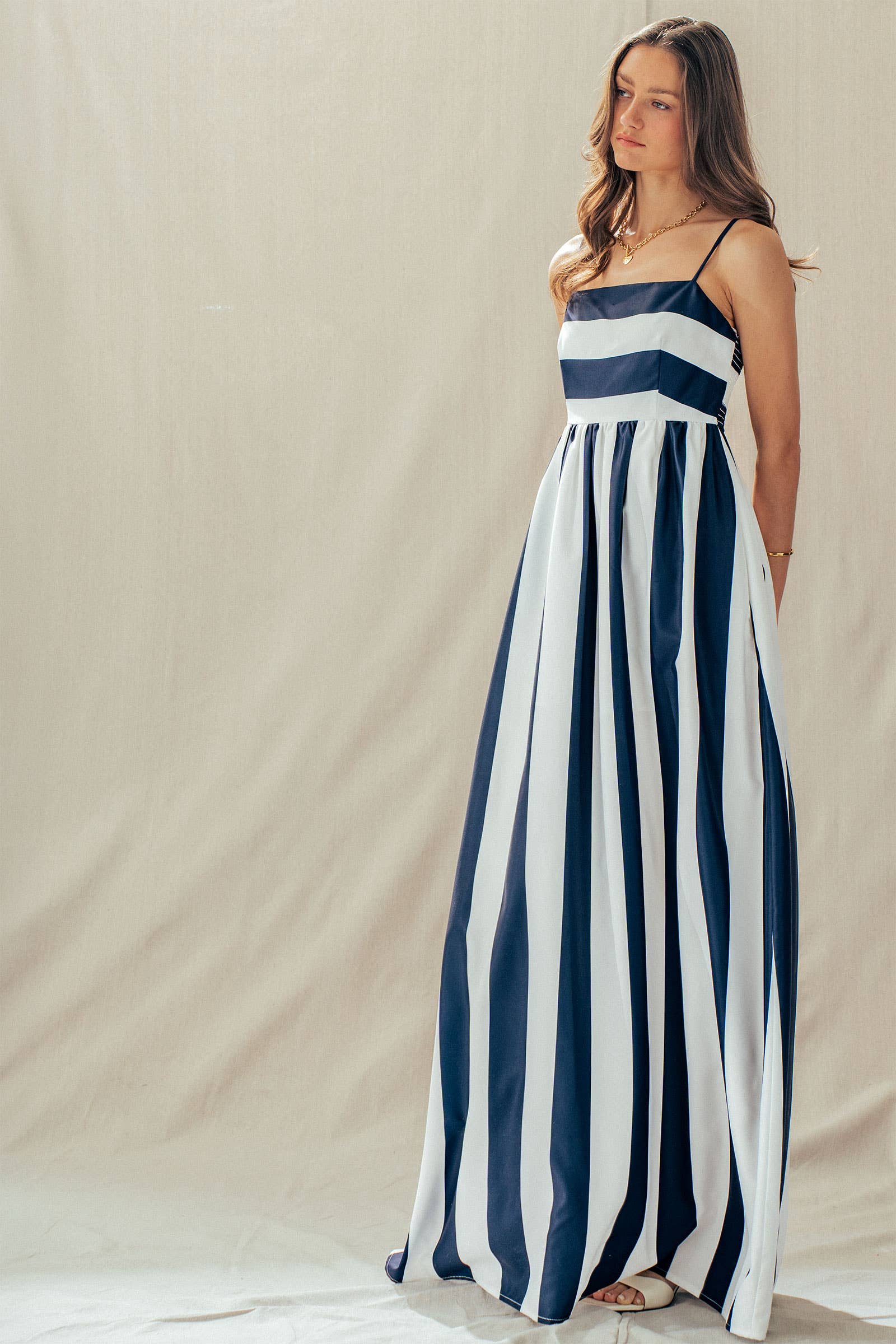 Urban Daizy Vertical Stripe Smocked Back Maxi Dress Ivory-Navy Dress - Women's (UDZ-DR-00526) – alternate view 10