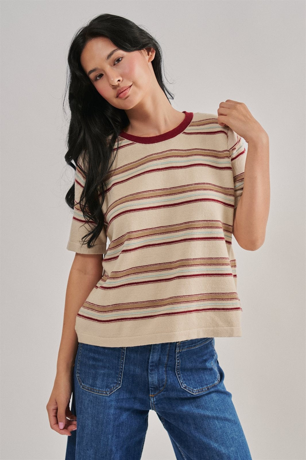 Striped Knit Tee Vintage 70s Retro Boho Coastal Top for Wome in IVORY - Women's T-Shirts & Polos | Urban Daizy