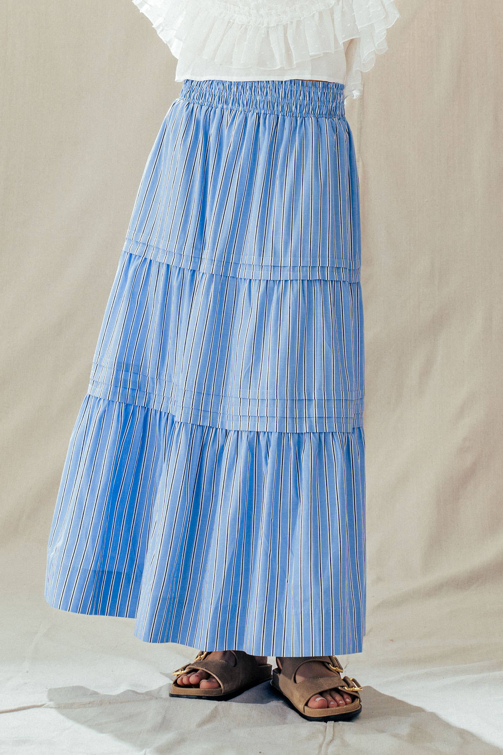 Striped Cotton Tiered Smocked Maxi Skirt