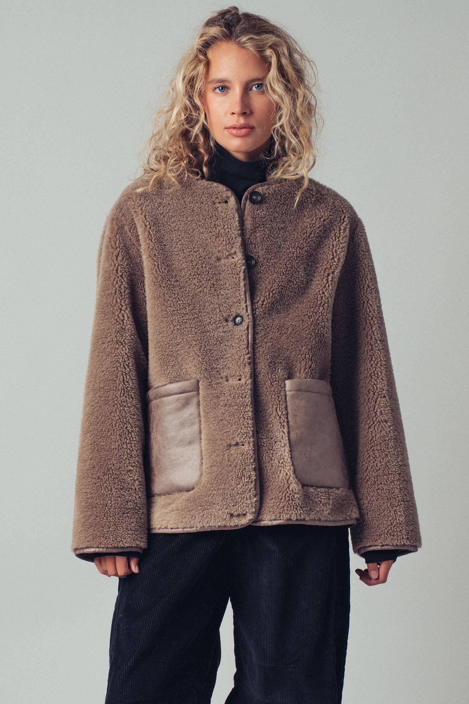 Faux Shearling Jacket with Suede Pockets