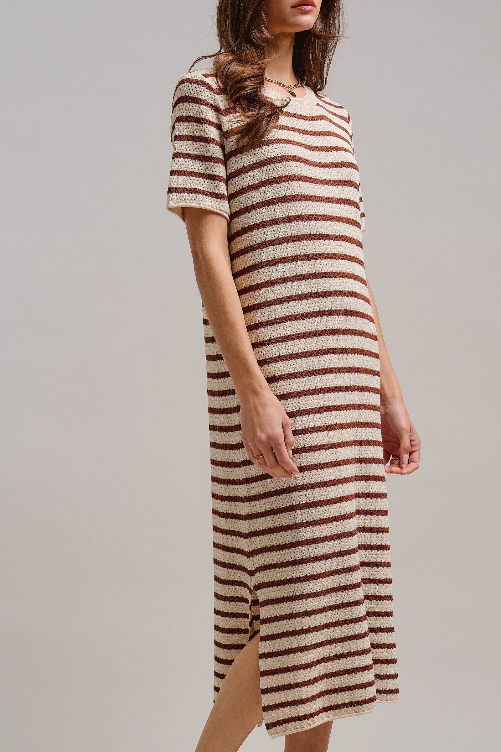 Striped Crochet Knit Short Sleeve Midi Dress