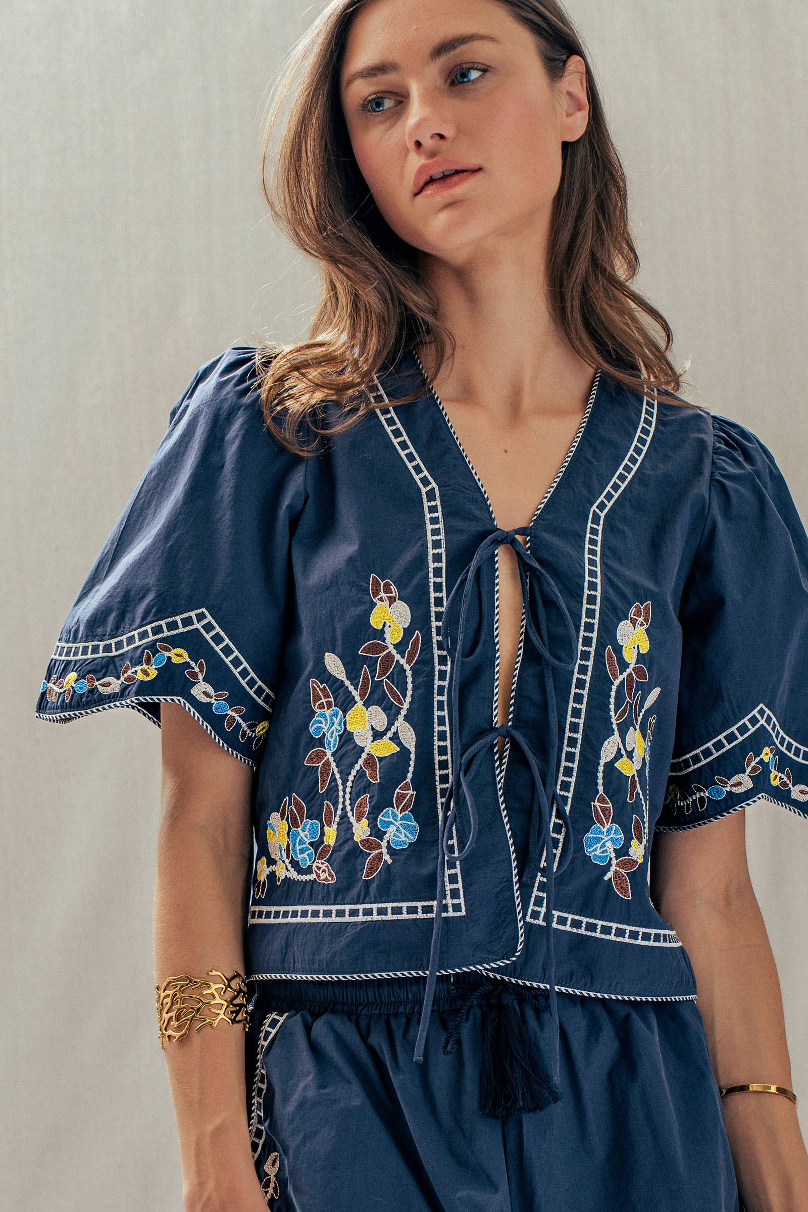 Floral Embroidered Tie Front Cotton Top