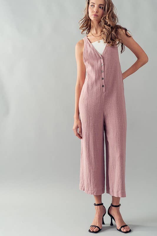 Urban Daizy Textured Button Front Wide Leg Jumpsuit Mauve Jumpsuit - Women's (UDZ-JR-00017)