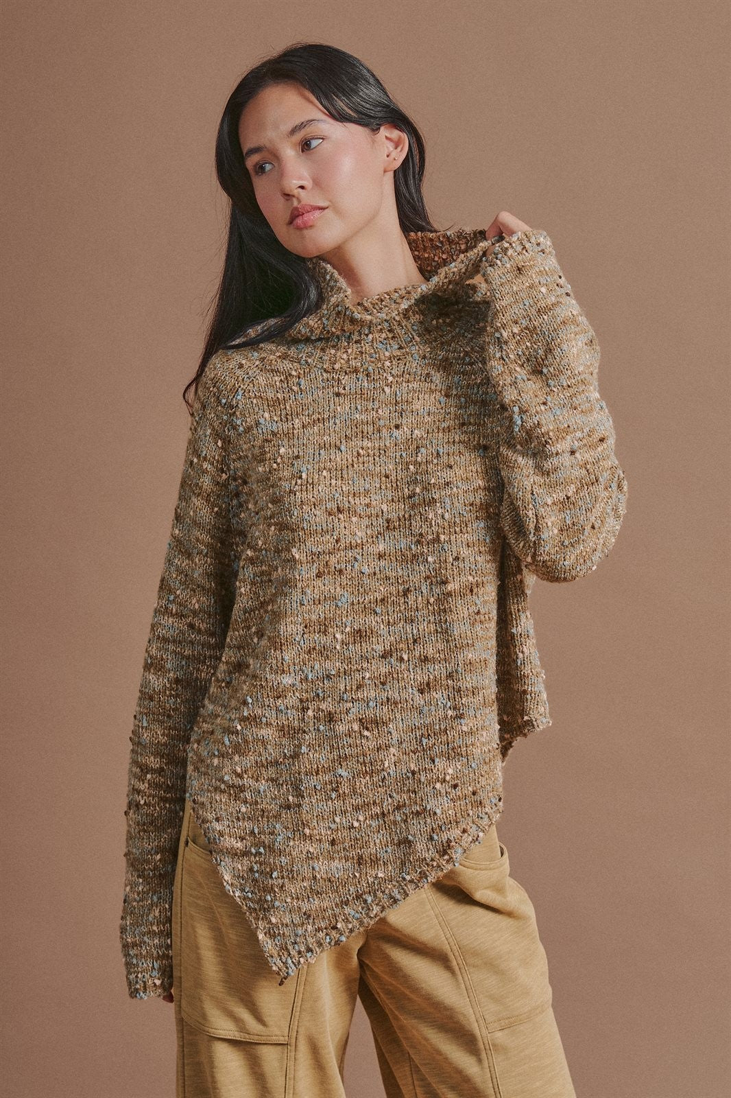 Chunky Knit Mock Neck Oversized Poncho Sweater in BROWN - Women's Sweaters | Urban Daizy