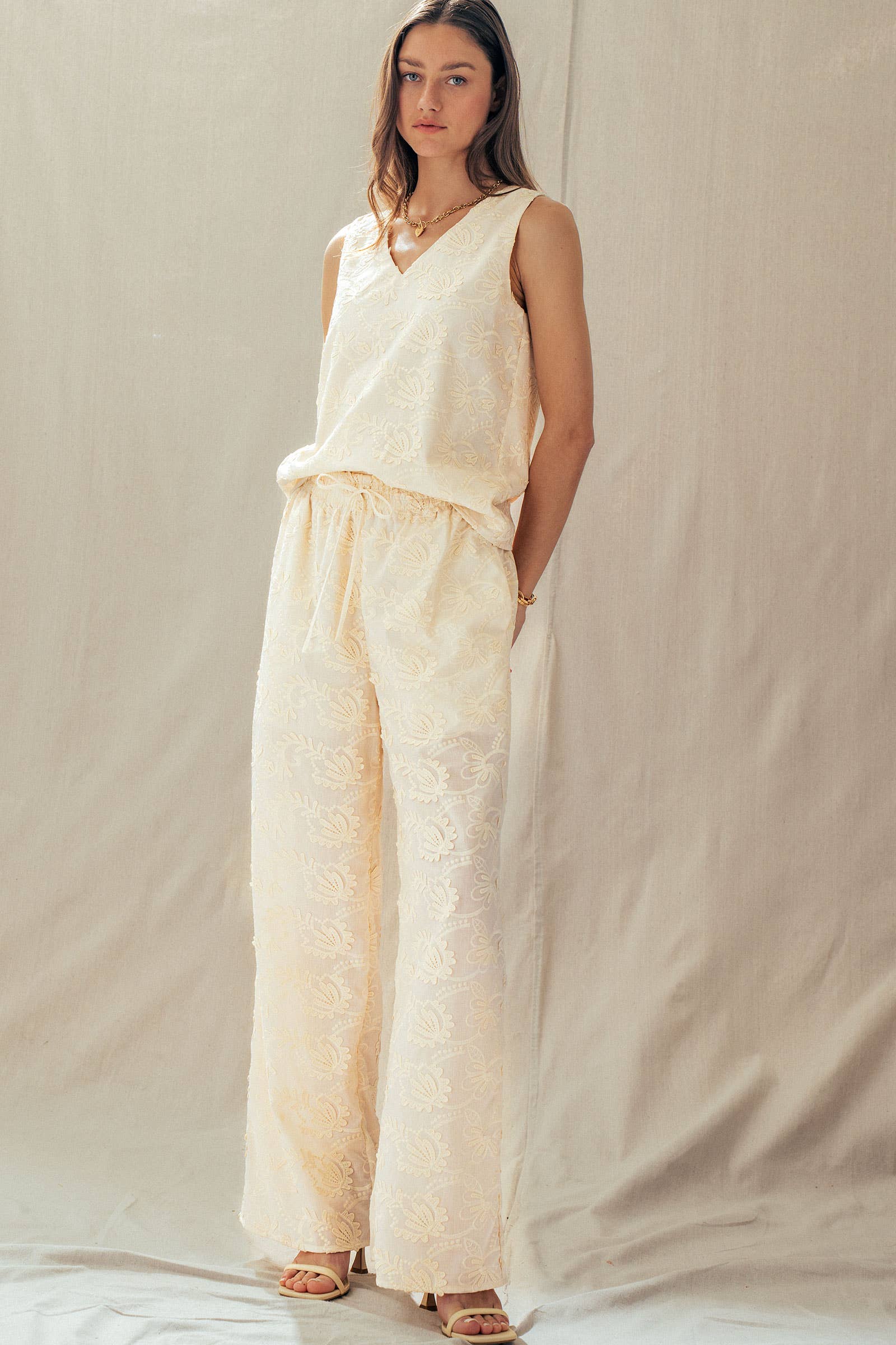 Floral Embroidered Cotton Top And Pant Set