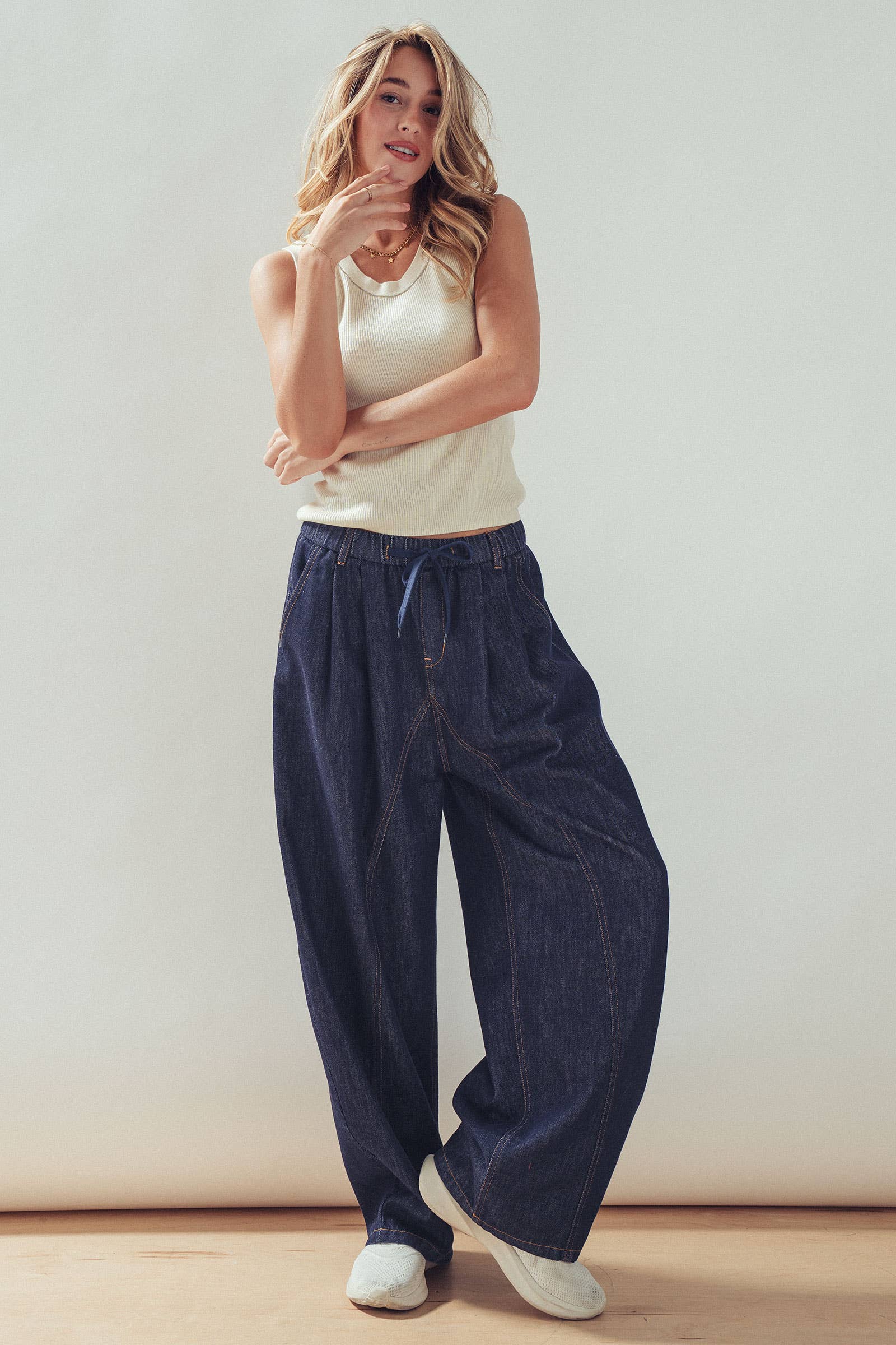 Drawstring Waist Dark Wash Barrel Leg Jeans