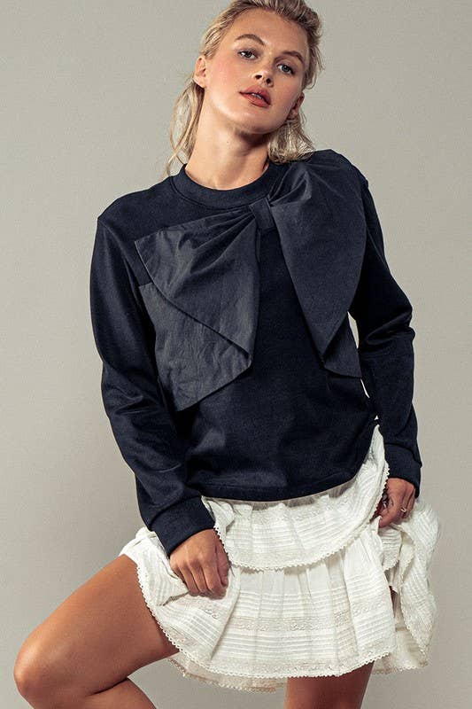 Urban Daizy Coquette Bow Statement Long Sleeve Crew Neck Top Black Blouse - Women's (UDZ-TP-00704) – alternate view 4