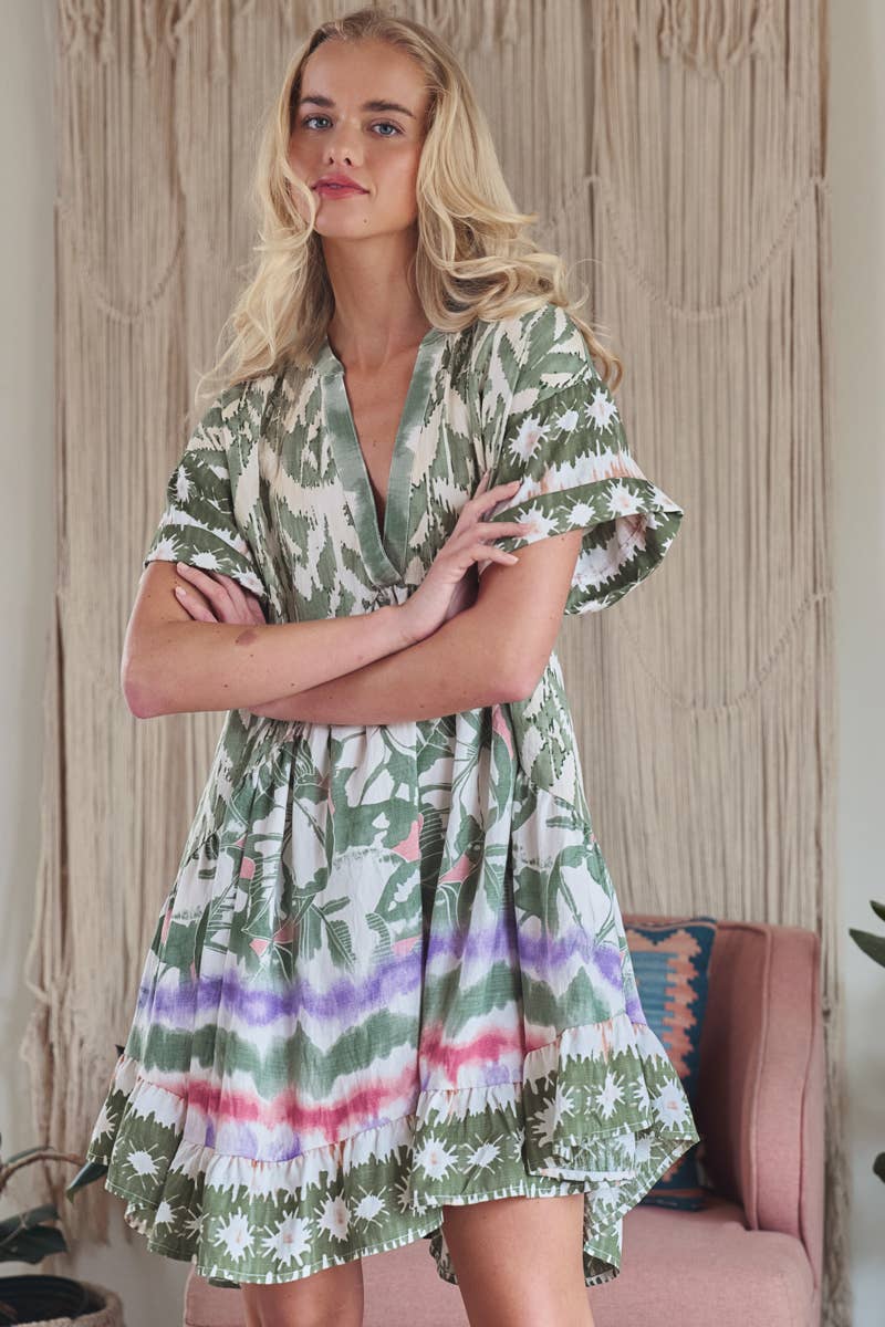 Urban Daizy Boho Mixed Print V-Neck Mini Dress Green-Multi Dress - Women's (UDZ-DR-00479) – alternate view 3