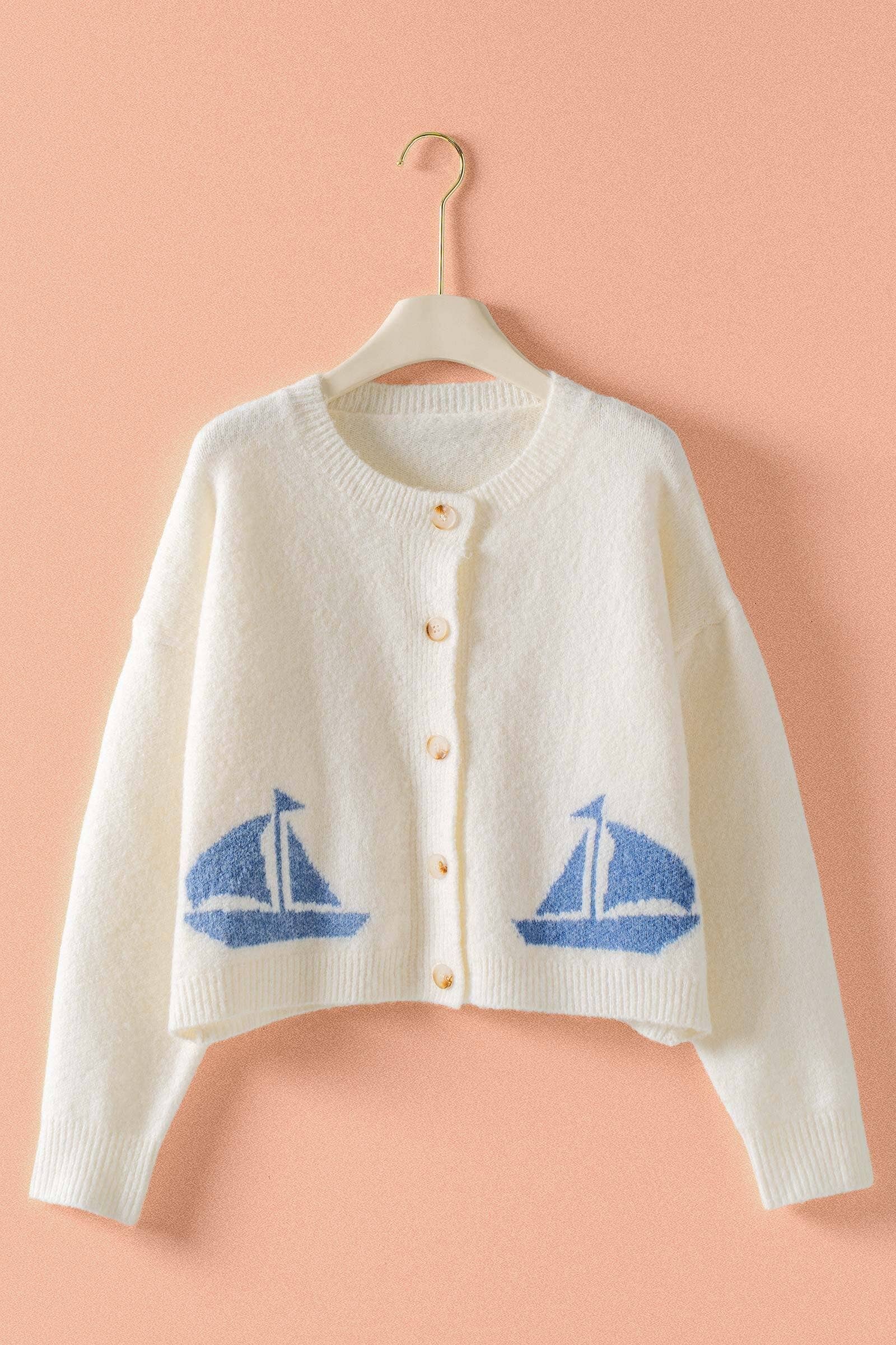 Nautical Sailboat Graphic Knit Button Cardigan