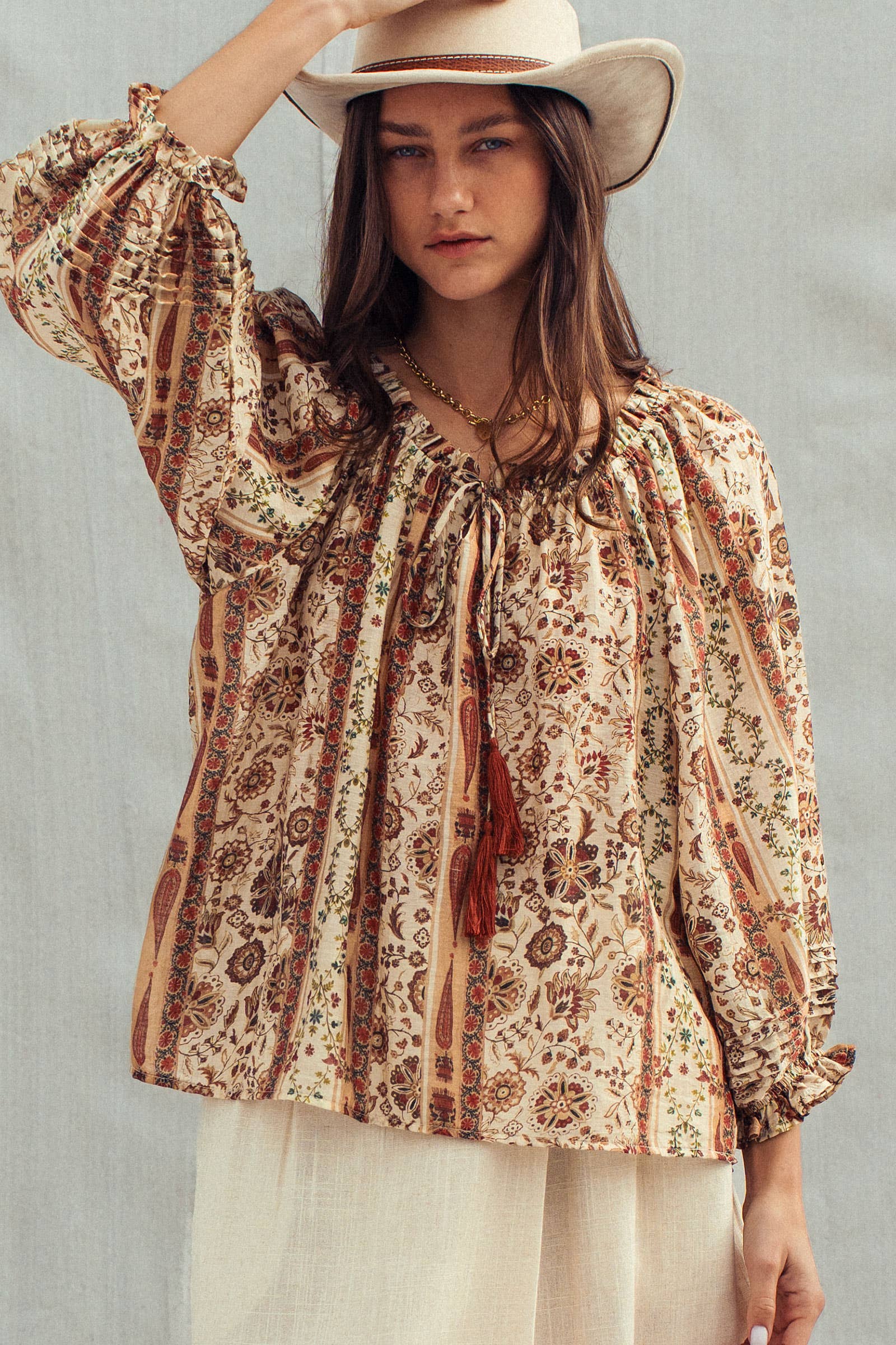 Urban Daizy Boho Off-Shoulder Floral Stripe Blouse Brown-Multi Blouse - Women's (UDZ-TP-01030) – alternate view 2