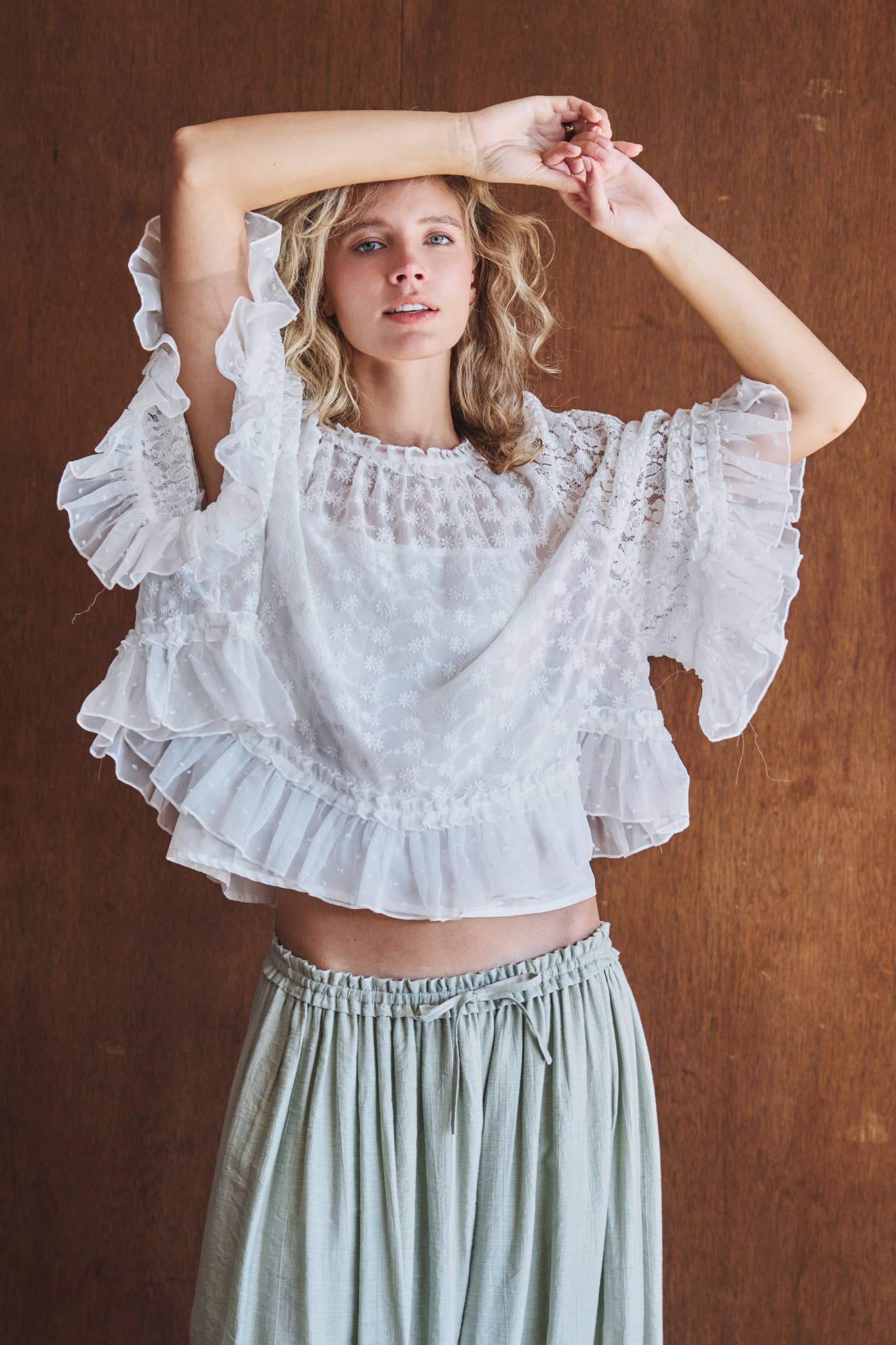 Swiss Dot Lace Top Ruffle Flutter Sleeve