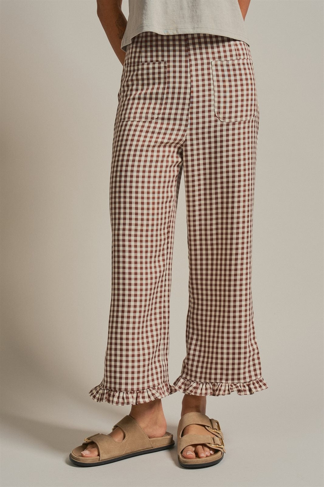 Gingham Ruffle Hem Cropped Wide Leg Pants in Brown in BROWN - Women's Casual Pants | Urban Daizy
