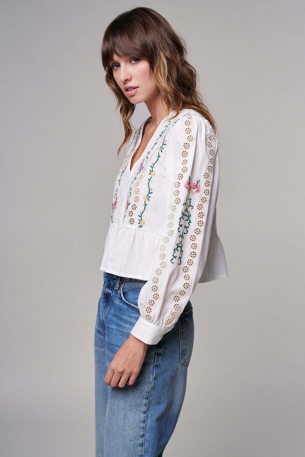 Folk Song Embroidered Peplum Blouse in WHITE - Women's Shirts & Blouses | Urban Daizy