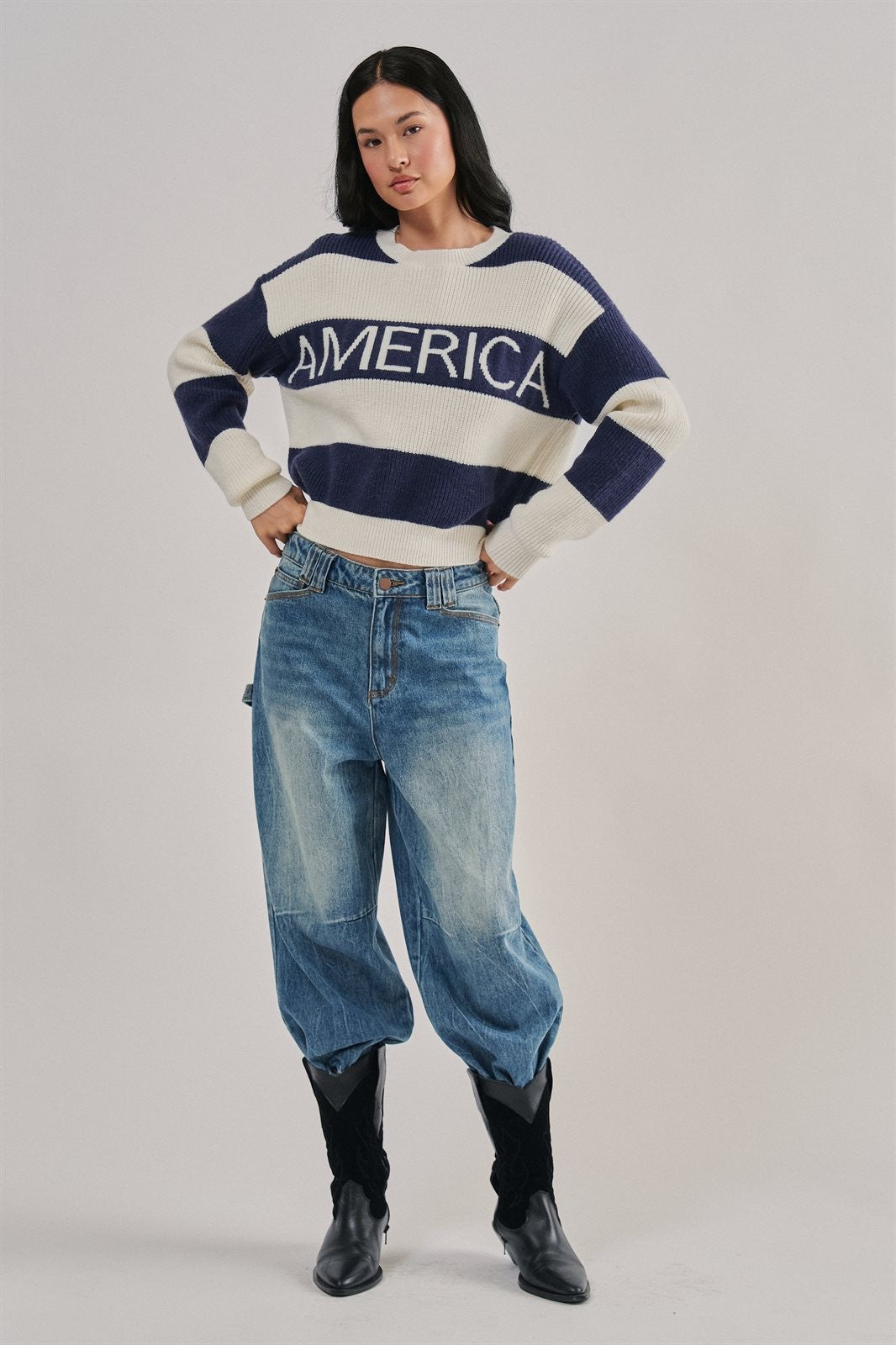 Nantucket America Stripe Crewneck Sweater in IVORY NAVY - Women's Sweaters | Urban Daizy