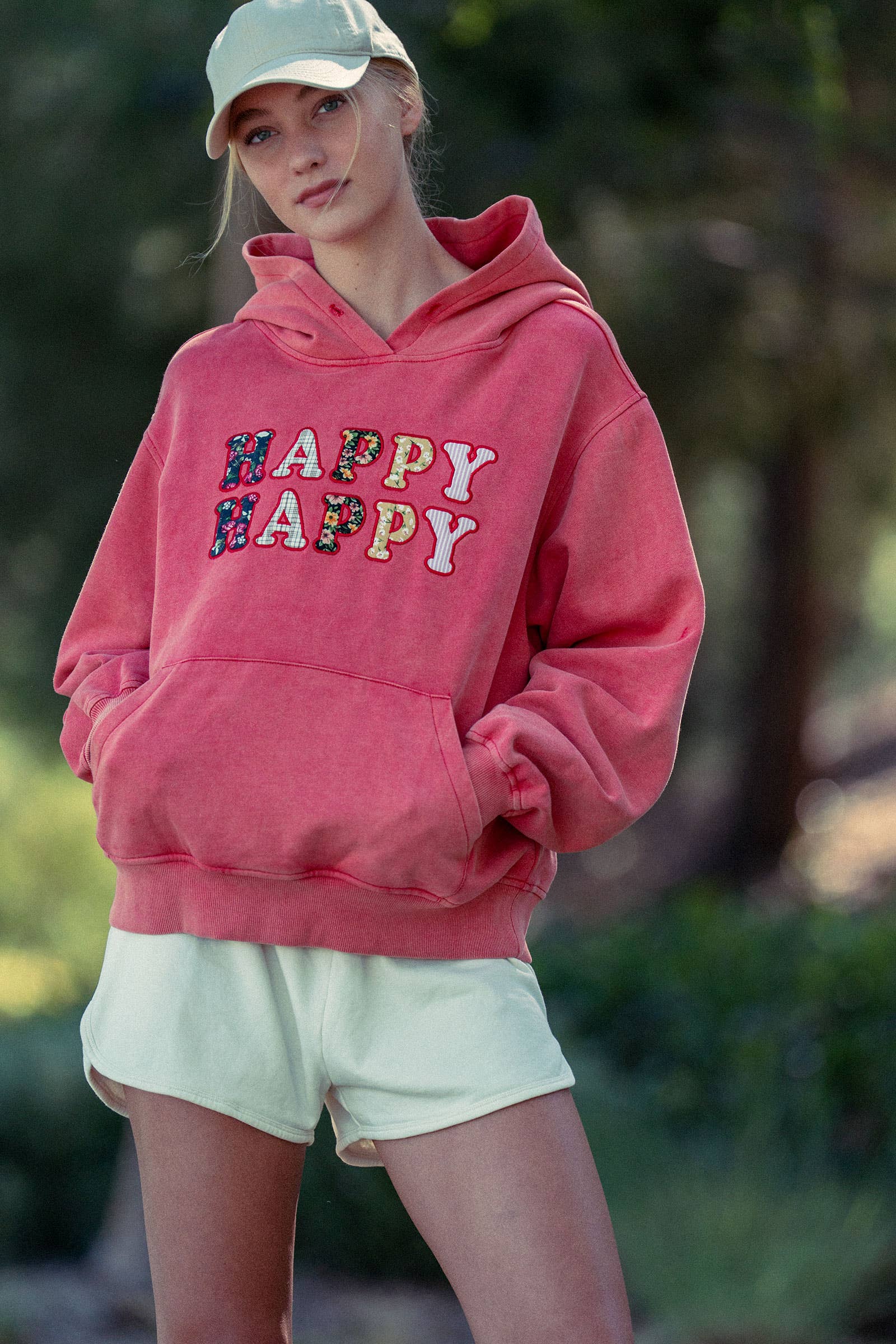 Urban Daizy "HAPPY HAPPY" Vintage Washed Hoodie Red Hoodie - Women's (UDZ-KN-00891) – alternate view 17