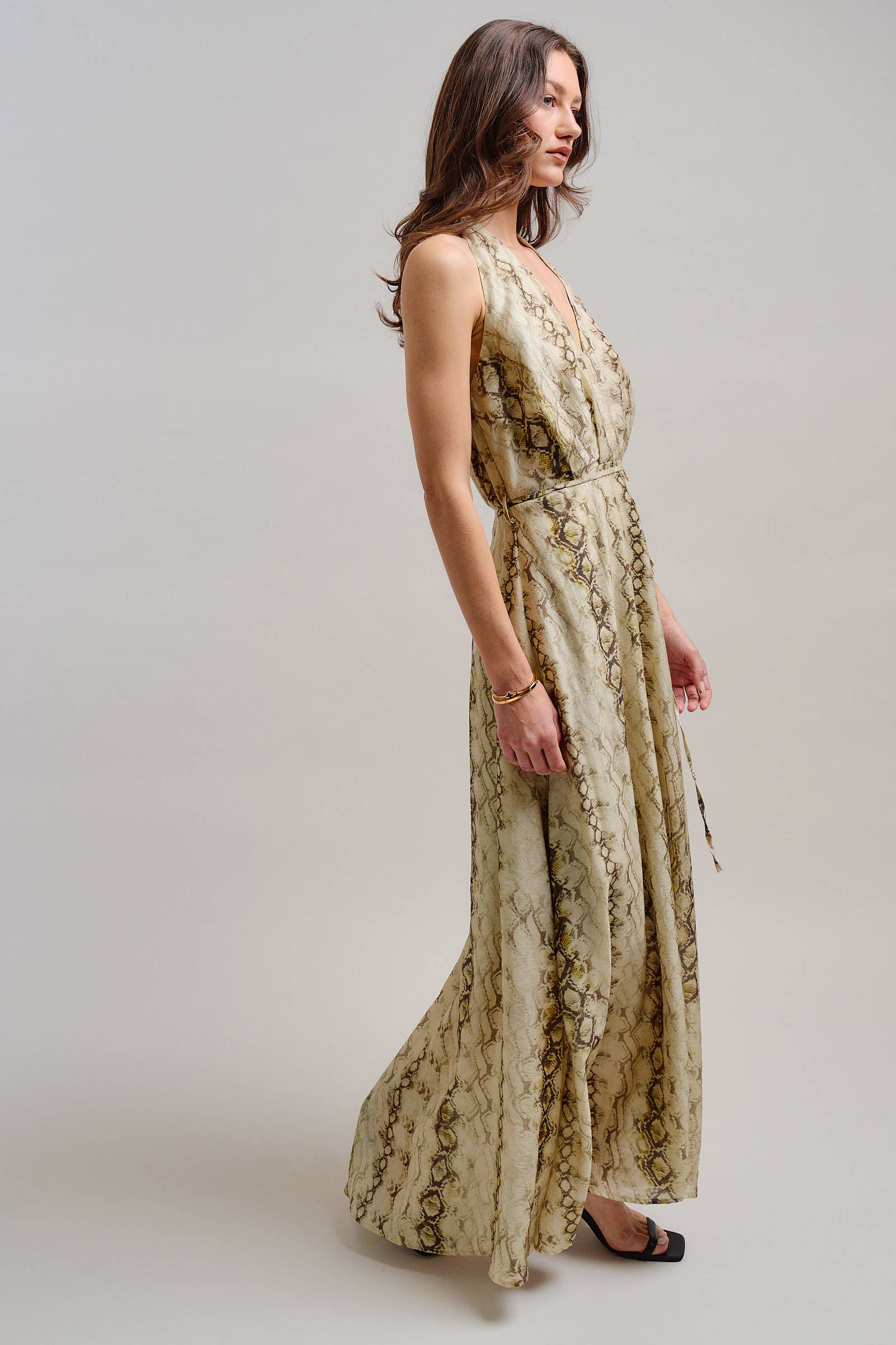 Snake Print Tencel Linen Halter Maxi Dress