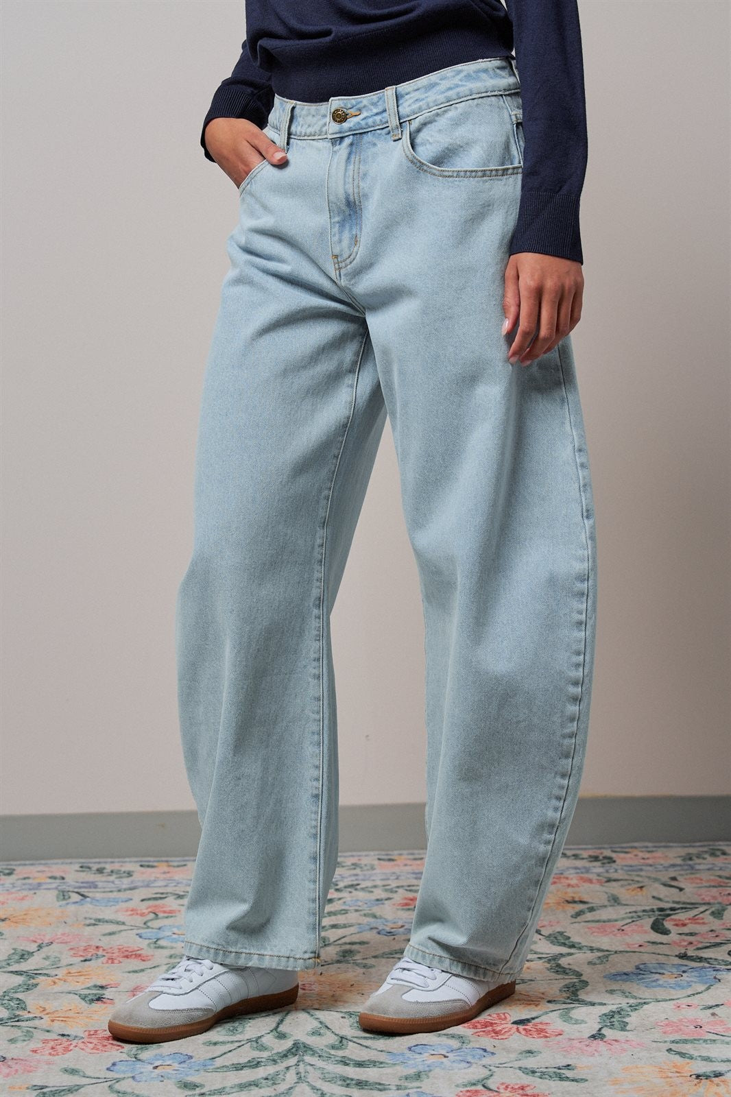 Light Wash Curved Barrel Leg Wide Jeans in LT BLUE - Women's Casual Pants | Urban Daizy