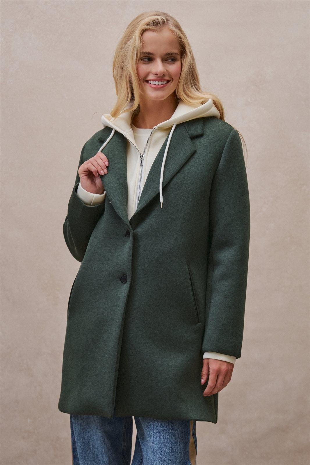 Scuba Topcoat with Detachable Hoodie in OLIVE - Women's Coats | Urban Daizy