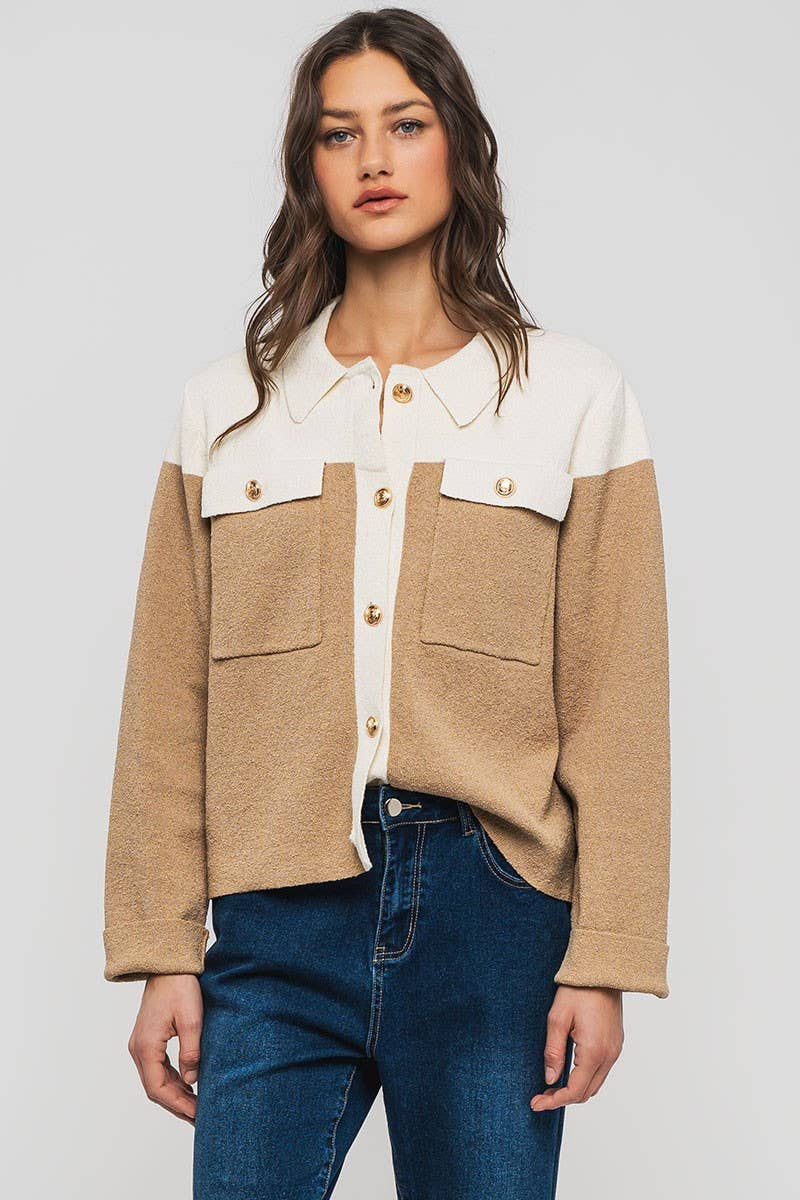 Urban Daizy Colorblock Button-Up Cropped Coat Cream-Black Coat - Women's (UDZ-OT-00349) – alternate view 13