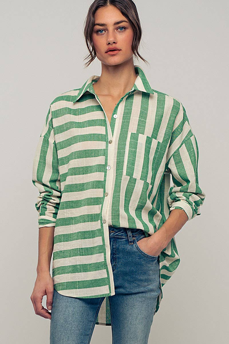 Urban Daizy Mixed Stripe Pattern Oversized Button Down Shirt Taupe Button Down Shirt - Women's (UDZ-TP-00049) – alternate…