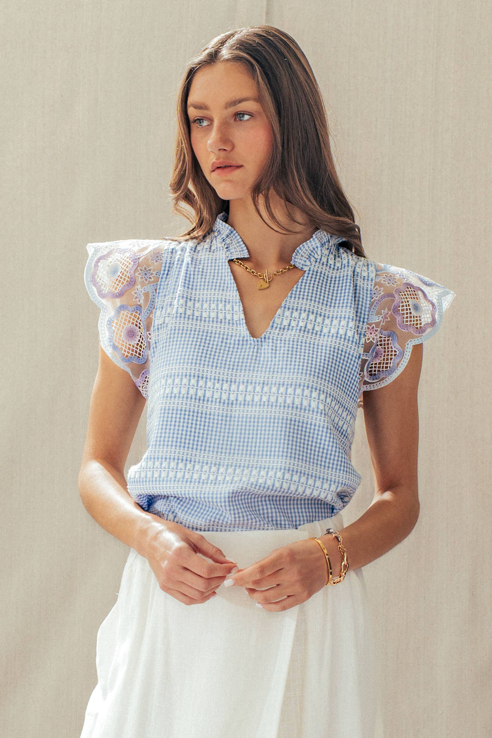 Gingham Lace Flutter Sleeve Cotton Top