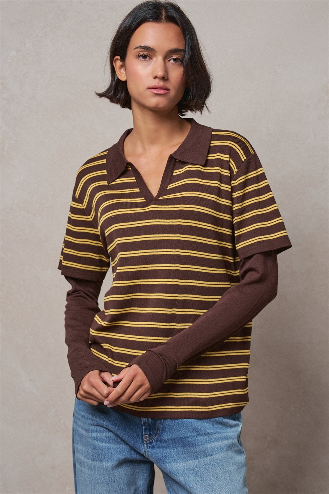 Striped Collared Layered Polo Top in BROWN - Women's Sweaters | Urban Daizy