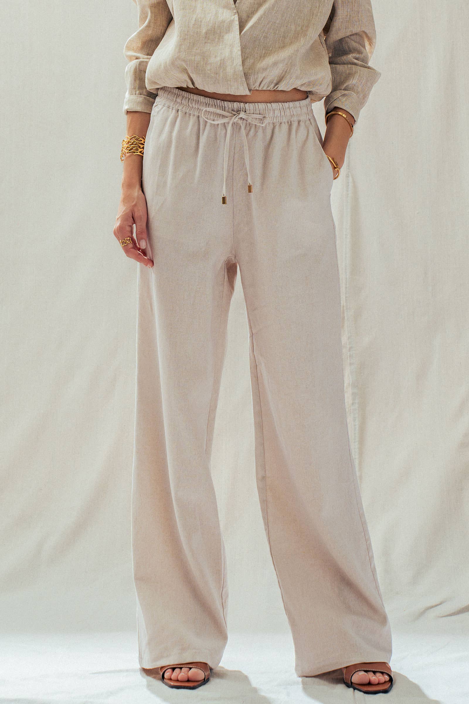 Linen Blend Wide Leg Pants Drawstring Waist