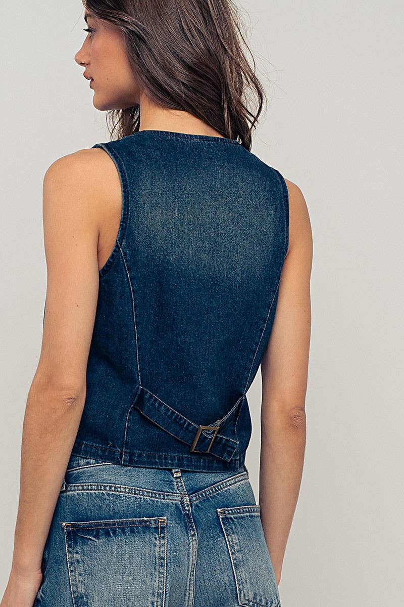 Urban Daizy Contrast Stitch Detail Button Front Denim Vest Denim Outerwear Vest - Women's (UDZ-OT-00231) – alternate view 6