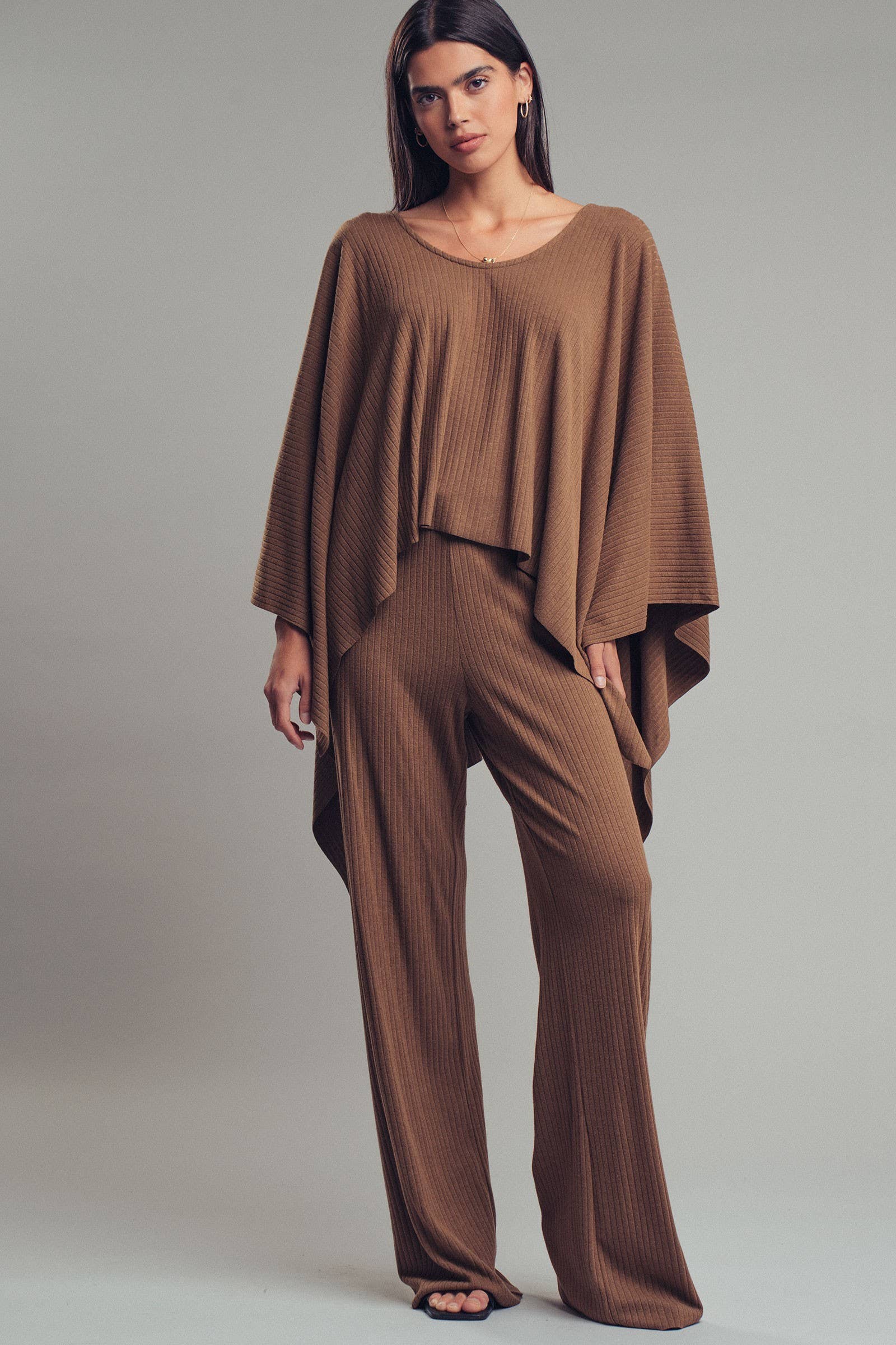 Ribbed Knit Poncho and Pants Set