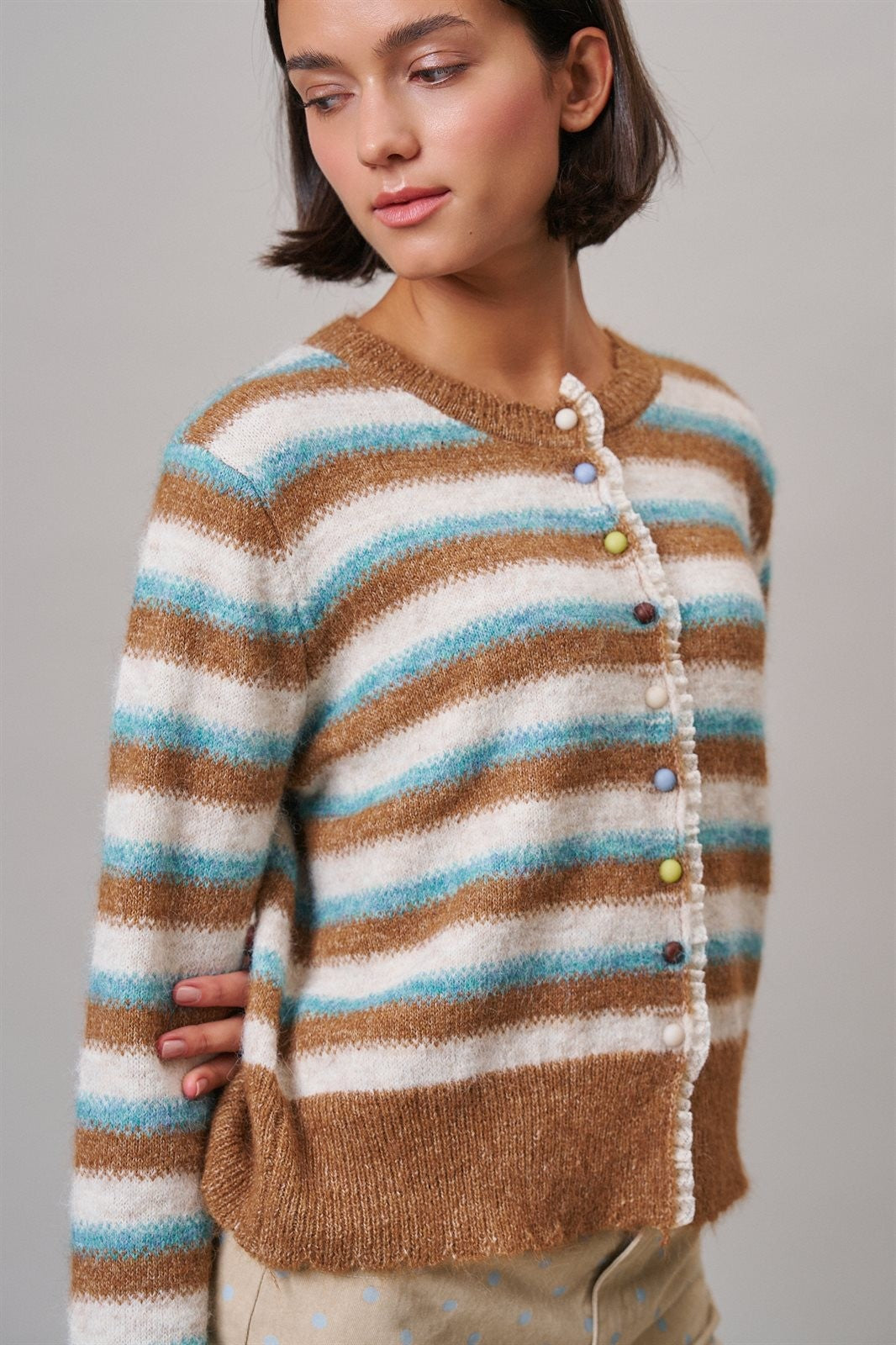 Lace Trim Striped Cardigan Coastal Grandma Preppy for Women in BROWN BLUE - Women's Cardigans & Shrugs | Urban Daizy