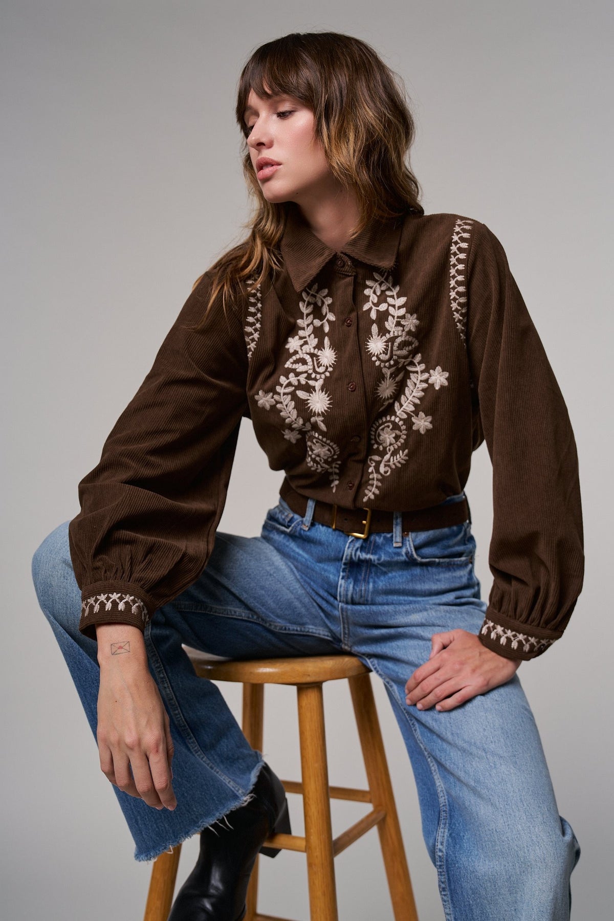 Embroidered Corduroy Western Shirt with Floral Stitch in BROWN - Women's Shirts & Blouses | Urban Daizy