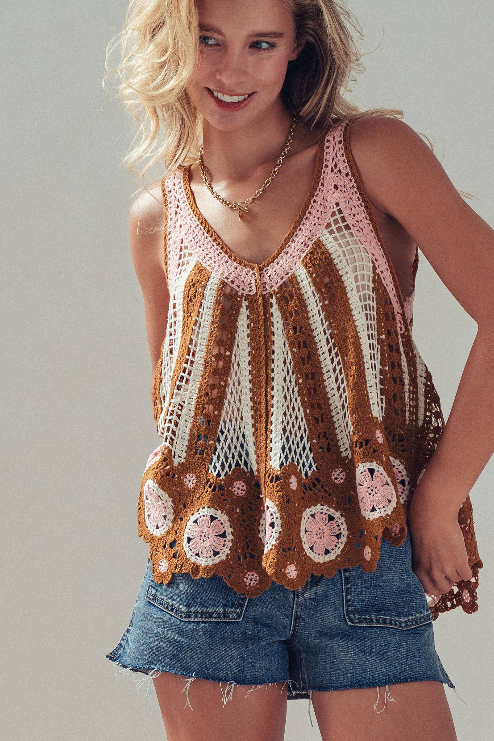 Floral Motif Open-Knit Crochet Tank