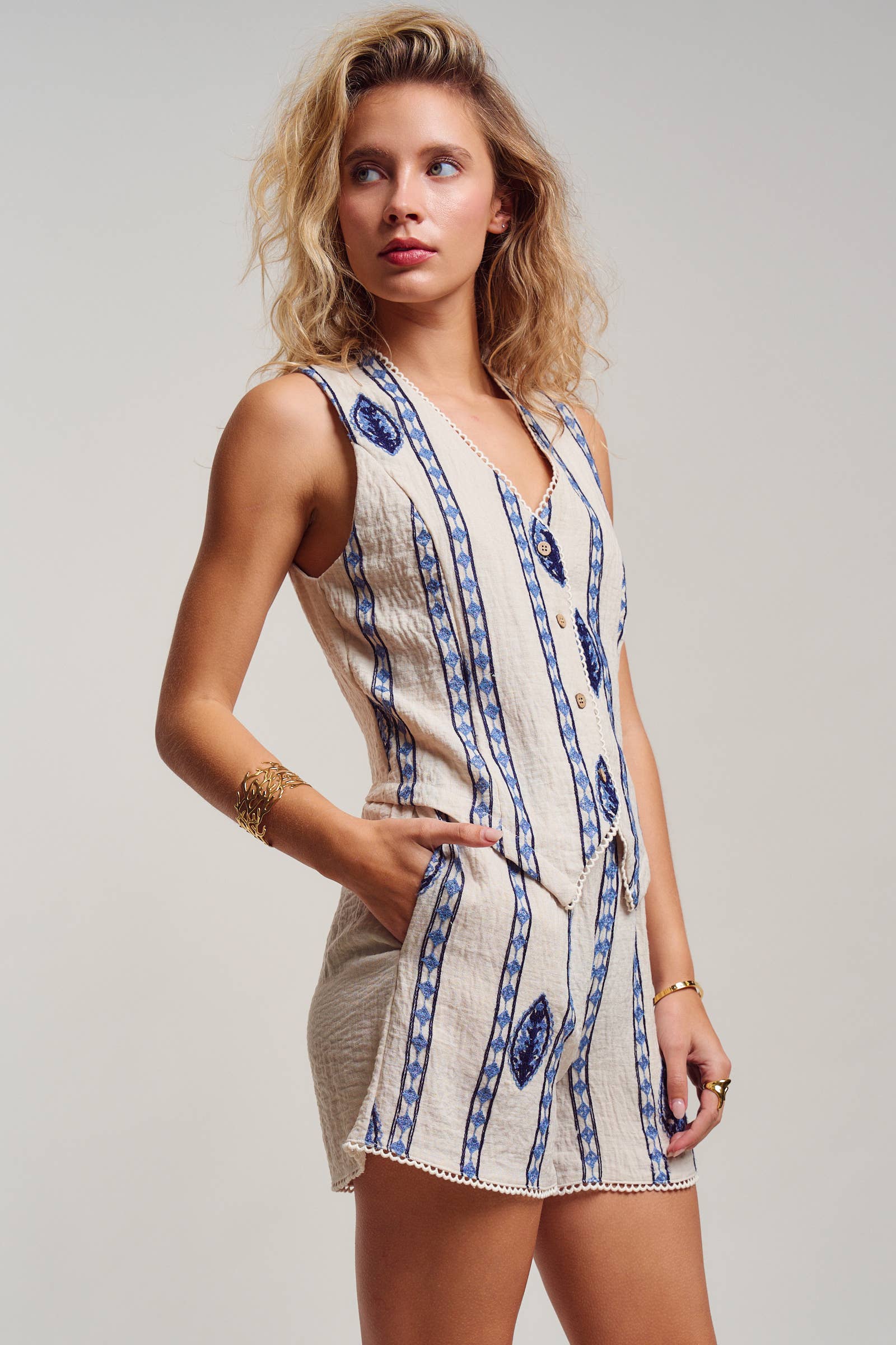 Blue Embroidered Linen Blend Button Front Vest