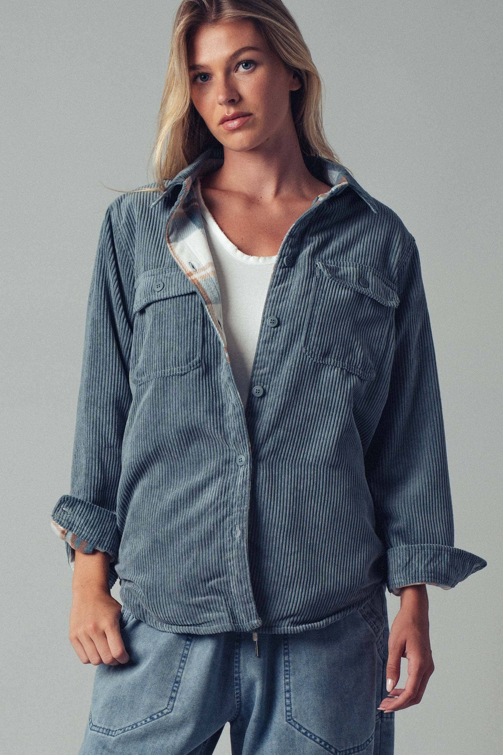 Urban Daizy Plaid Lined Corduroy Flannel Shacket Black Shirt Jacket Shacket - Women's (UDZ-OT-00018) – alternate view 16