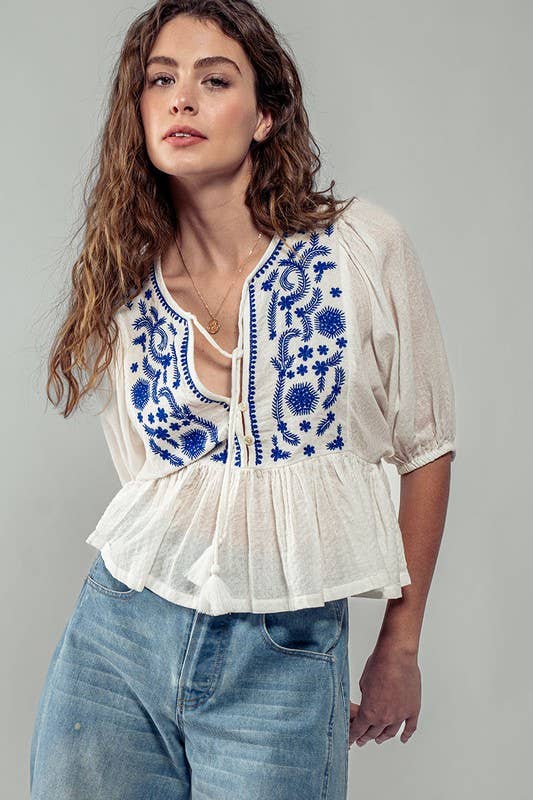 Urban Daizy Boho Embroidered Puff Sleeve Ruffle Blouse White Blouse - Women's (UDZ-TP-00705) – alternate view 9