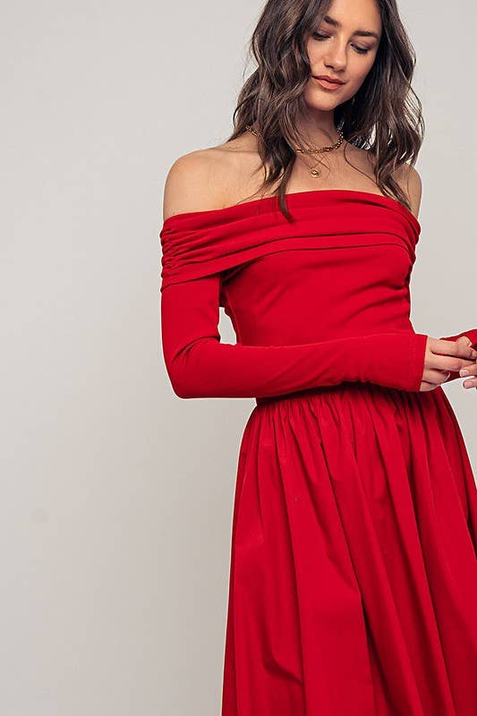 Urban Daizy Elegant Off Shoulder Ruched Long Sleeve Spring Midi Dress Red Dress - Women's (UDZ-DR-00366) – alternate view 14