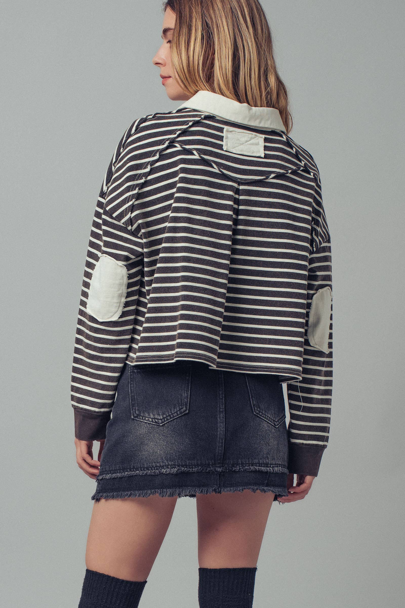 Urban Daizy Playful Cropped Stripe Cotton Top Black-White Polo - Women's (UDZ-PT-00355) – alternate view 4