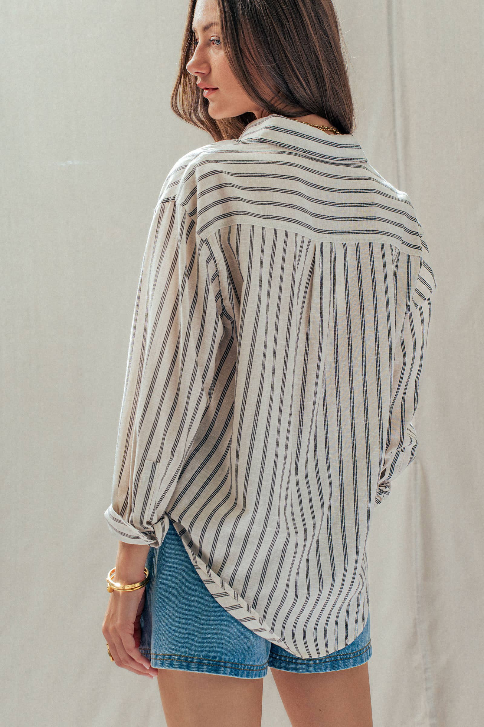 Striped Linen Blend Button Up Shirt