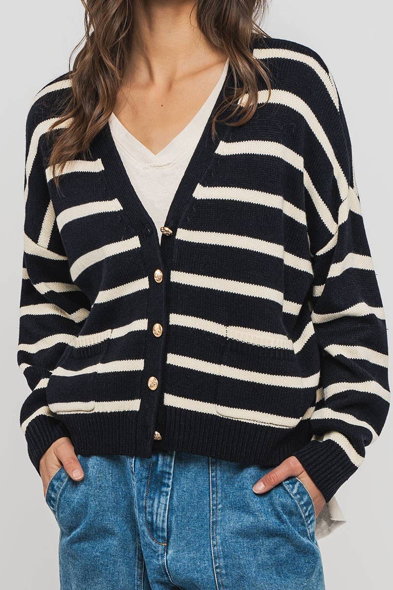 Urban Daizy Striped Cropped V Neck Embellished Button Cardigan Navy Ivory Cardigan - Women's (UDZ-KN-00501) – alternate…