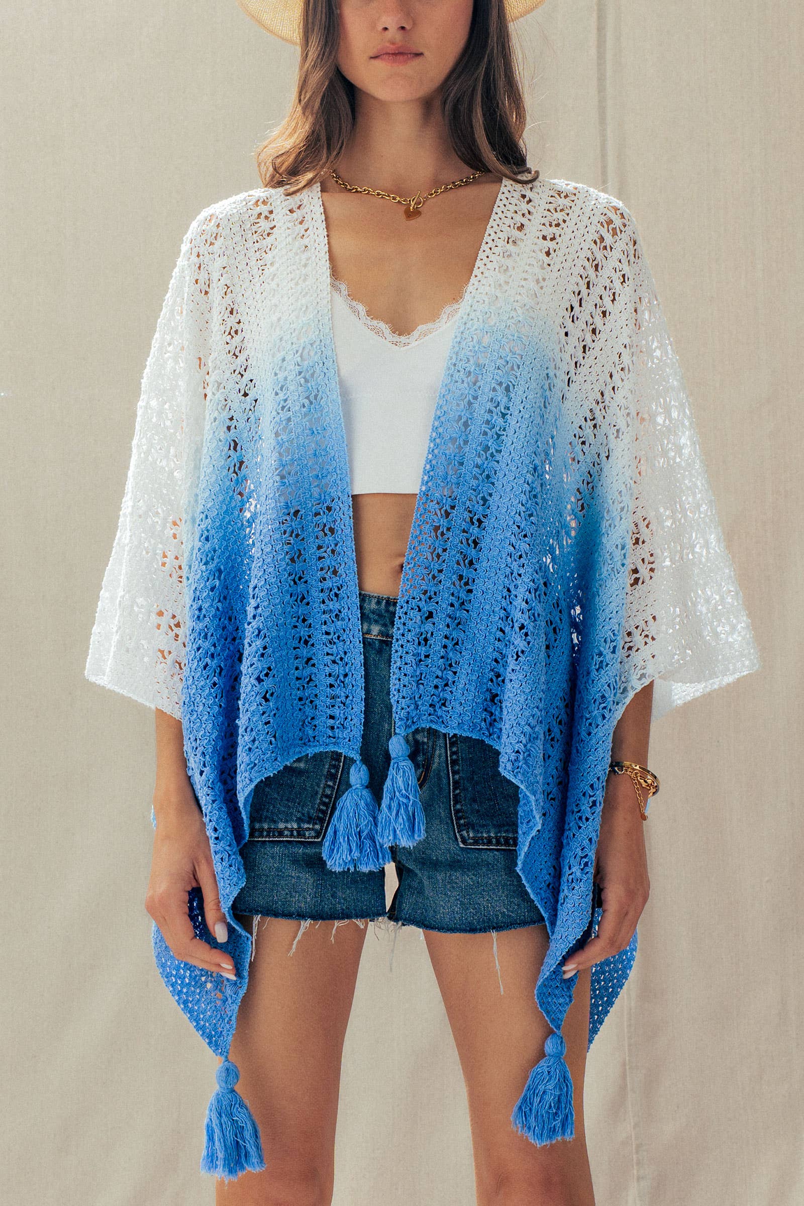 Urban Daizy Ombre Crochet Knit Poncho Tassel Cover-Up Sage Poncho - Women's (UDZ-OT-00492) – alternate view 9