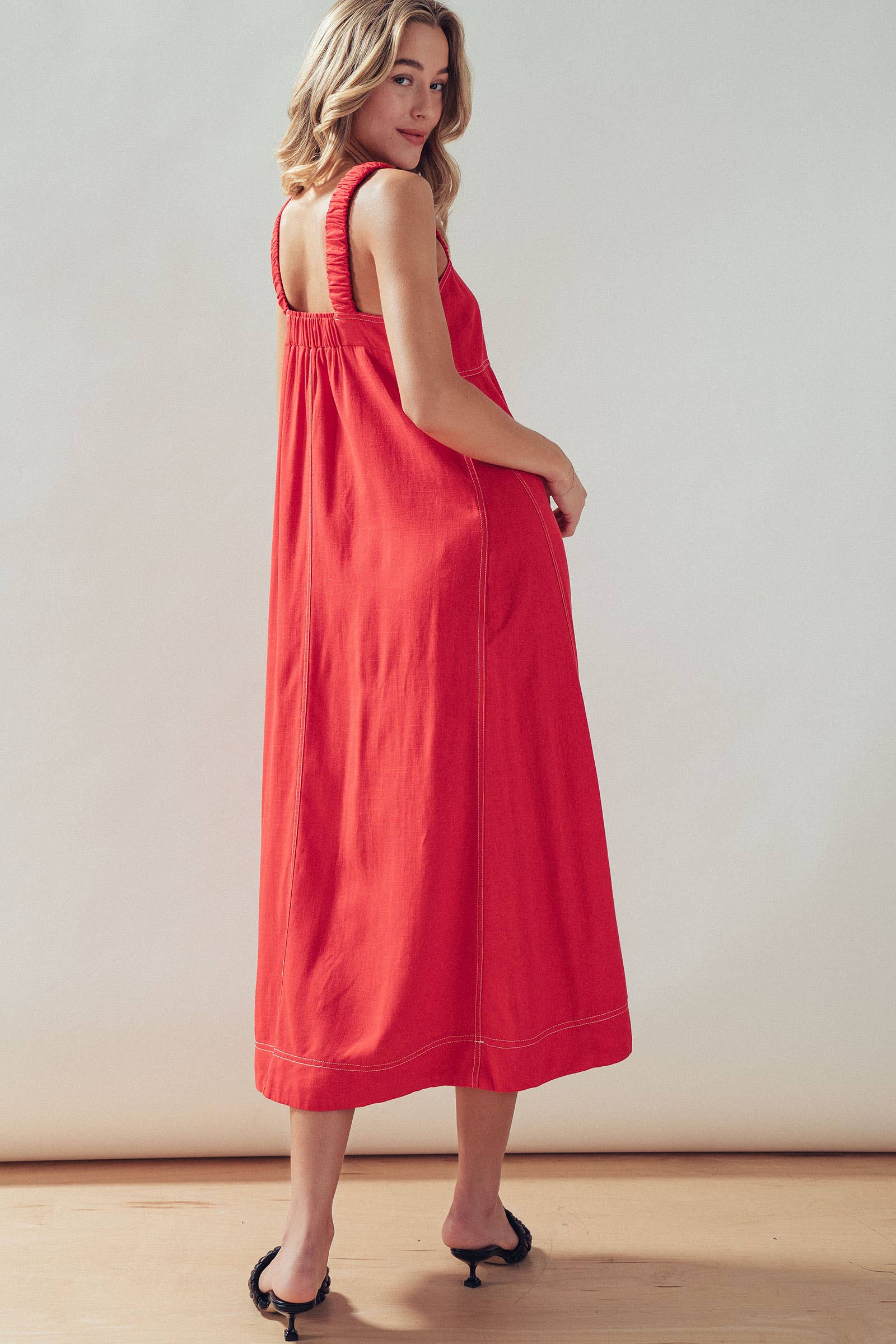 Contrast Stitch Square Neck Tencel Linen Midi Dress