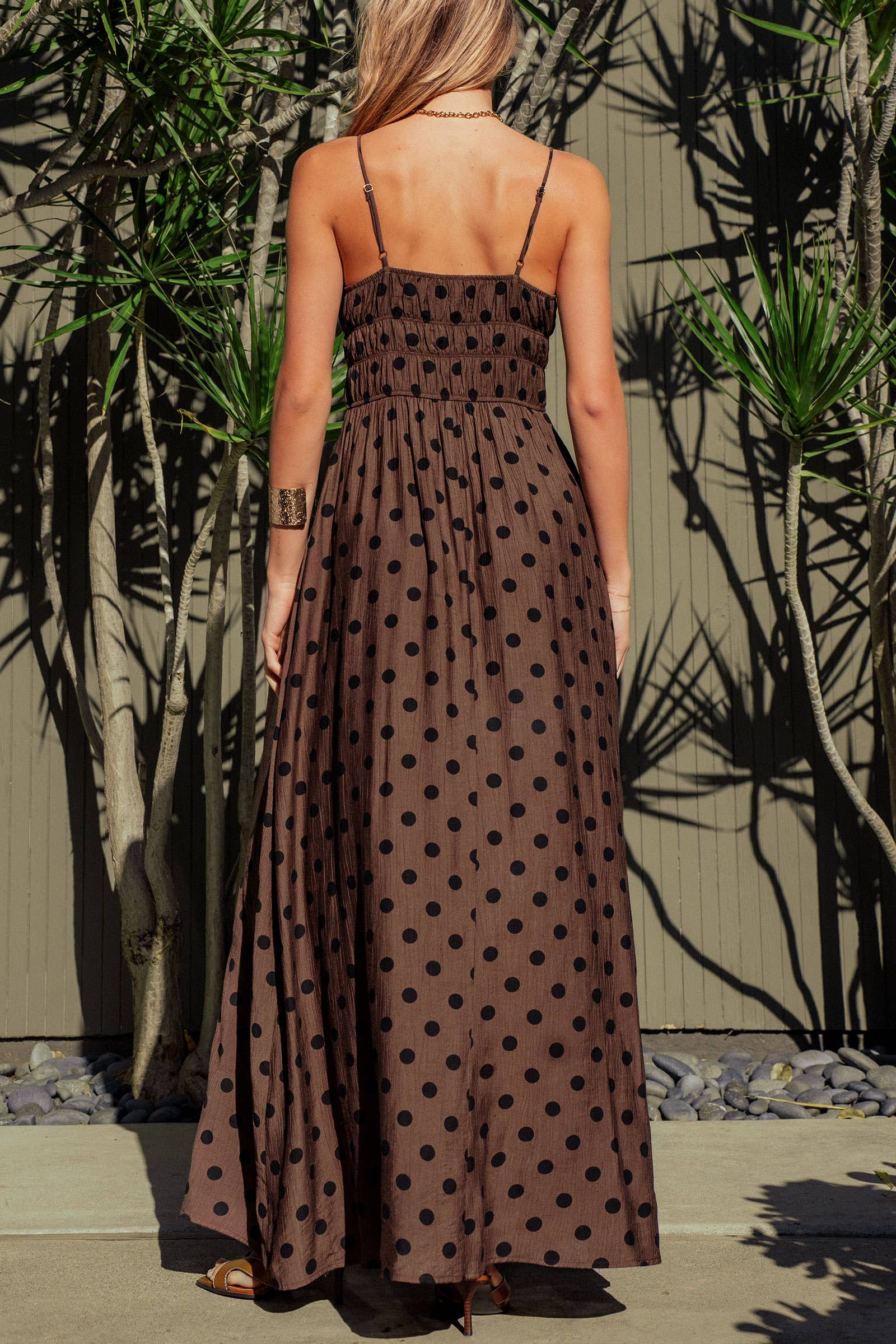 Urban Daizy Polka Dot Smocked Maxi Dress Linen Blend Brown/Black Dress - Women's (UDZ-DR-00515) – alternate view 14