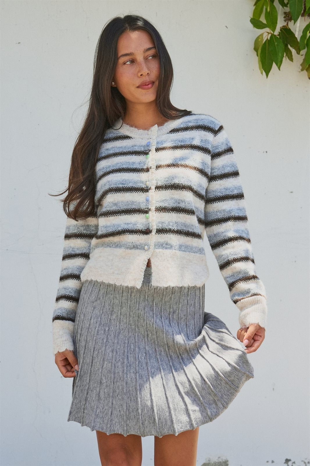 Lace Trim Striped Cardigan Coastal Grandma Preppy for Women in IVORY BROWN - Women's Cardigans & Shrugs | Urban Daizy