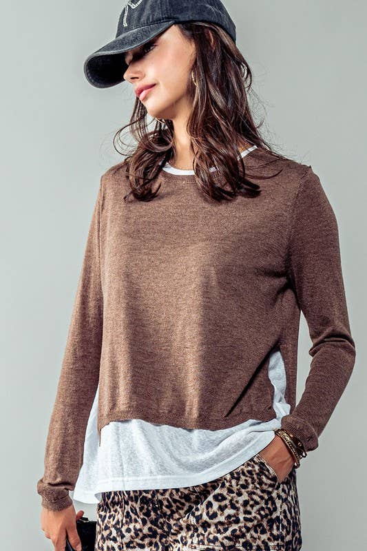 Urban Daizy Elegant Crew Neck Long Sleeve Relaxed Fit Casual Sweater Top Mocha Knit Top - Women's (UDZ-TP-00367)