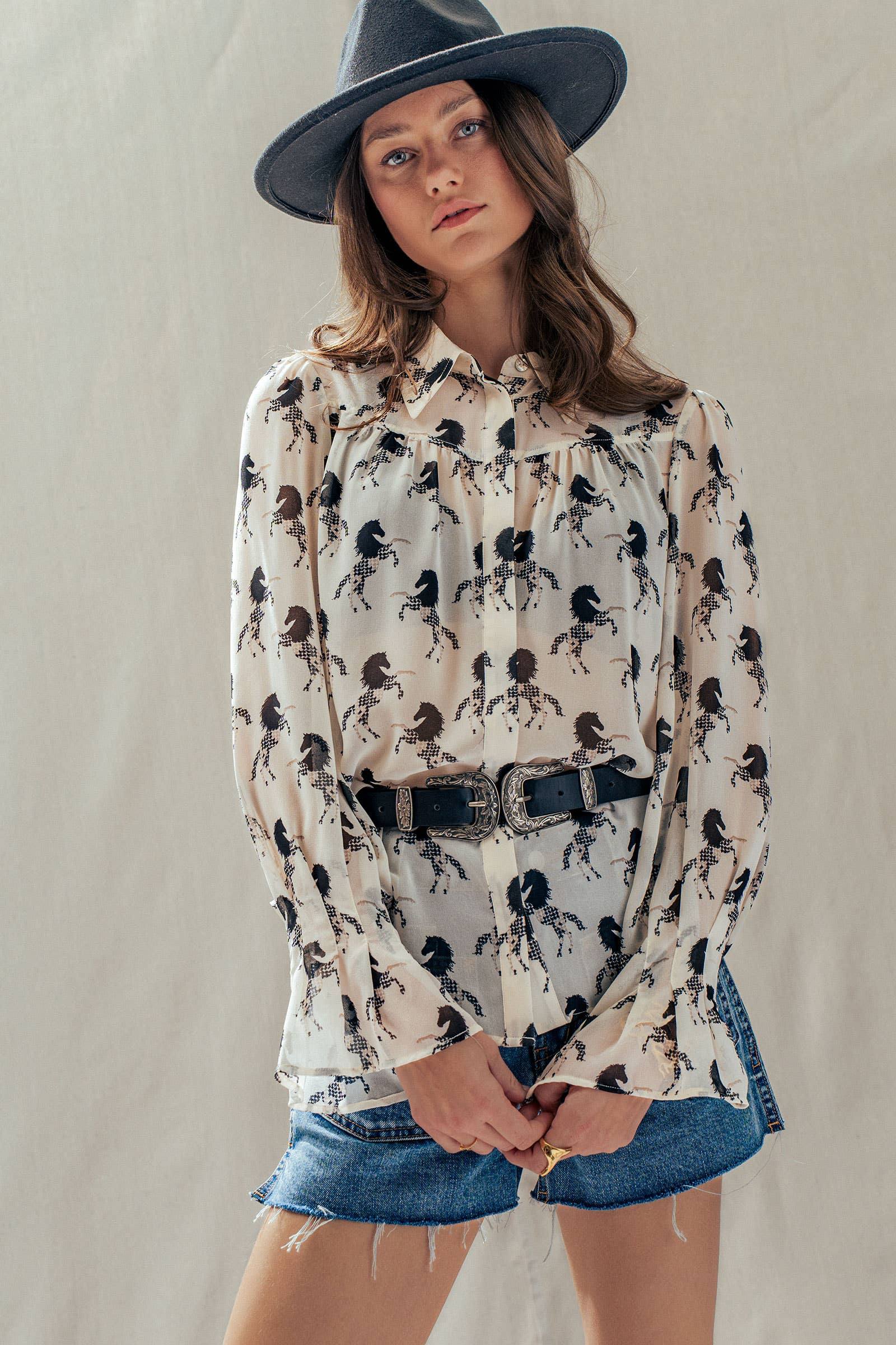 Western Horse Print Button Down Blouse Flared Cuff