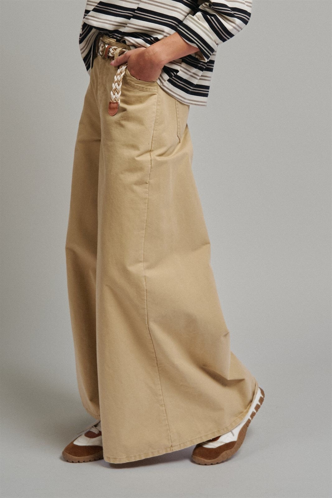 Washed Cotton Wide Leg Palazzo Pants with Woven Belt in KHAKI - Women's Casual Pants | Urban Daizy