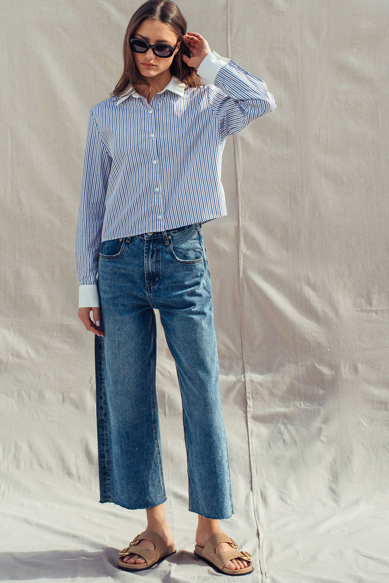Stripe Contrast Collar Button Down Shirt