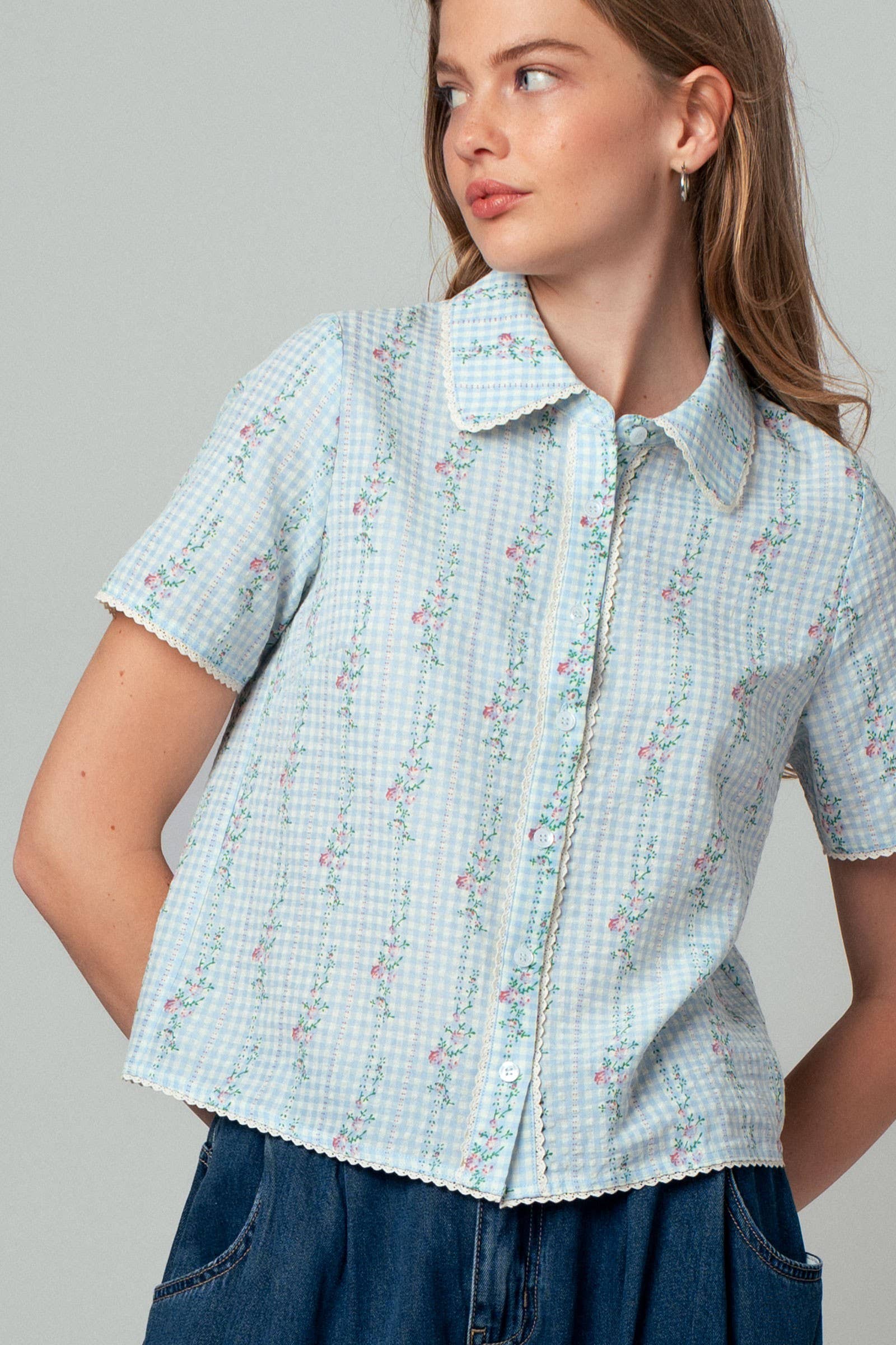 Gingham Floral Lace Trim Peter Pan Collar Shirt