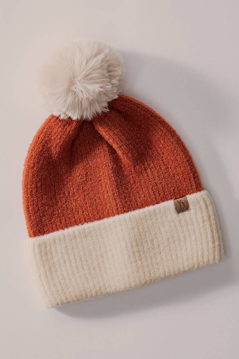 Urban Daizy Cozy Colorblock Ribbed Beanie with Faux Fur Pom Blue Beanie - Women's (UDZ-AC-00003) – alternate view 4